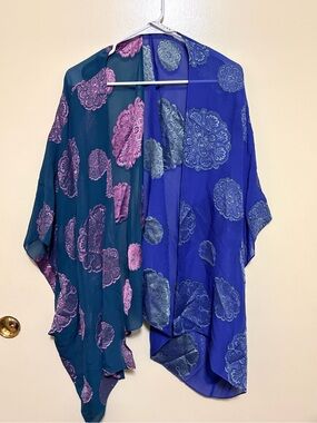Trina Turk Blue Kimono with Green Medallion Embroidery